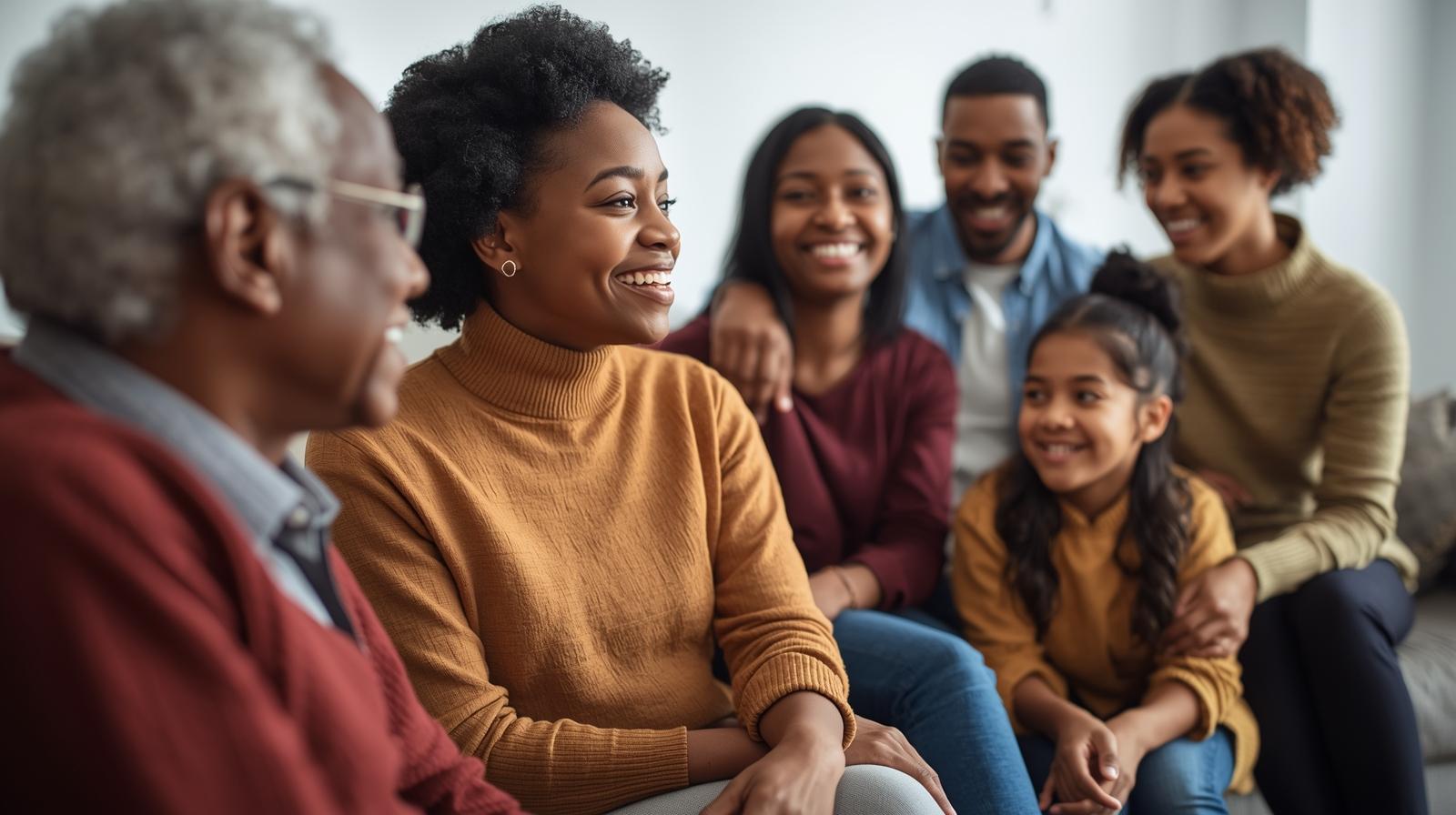 create a course cover image_ image of multi generational black families with grandparents conversing together while the youth, teens, and children play and talk in the background